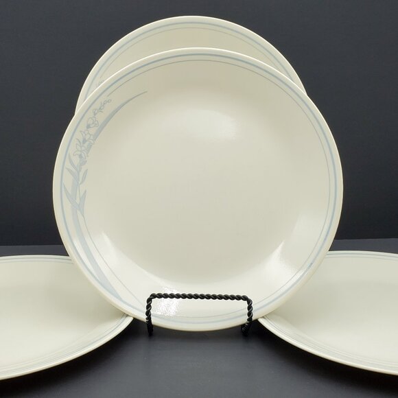 Corelle Blue Lily Dinner Plates Blue Flowers Bands on Cream Sandstone Plates - Picture 1 of 5